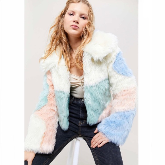 House of Sunny Jackets & Blazers - House Of Sunny Blue Scandi Patchwork Faux Fur Coat